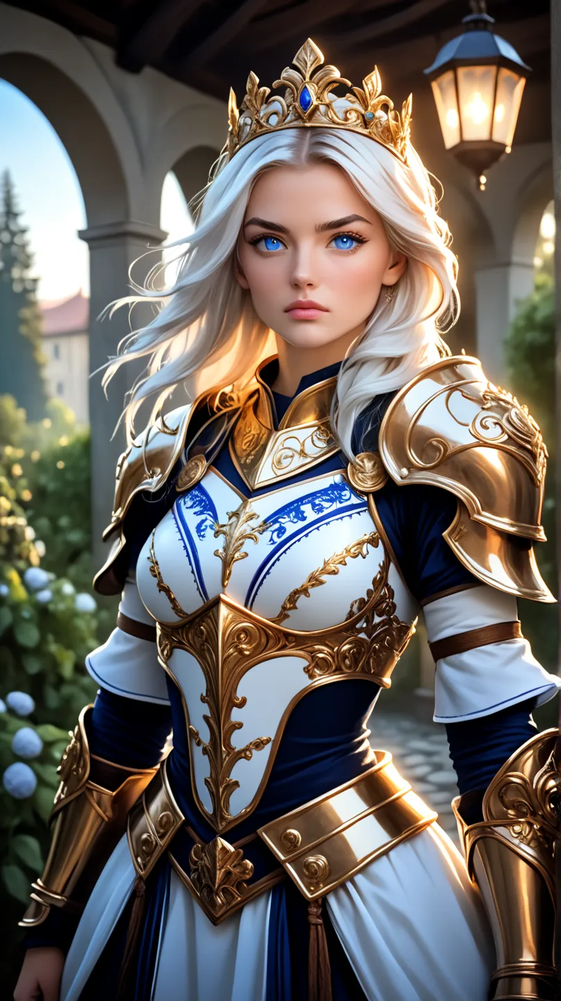 A young Norwegian warrior woman of tall, imposing stature, wearing shining bronze armor that highlights her strong, feminine muscles. Her face is of rare beauty, with elegant features and an expression of determination and strength.
Her skin is extremely m...