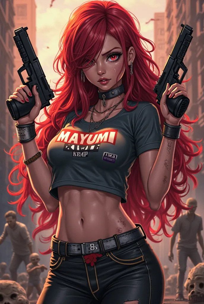 long red hair, full sexy body, anime cute badass girl, holding two guns, zombie apocalypse theme with zombie, visible big name tag MAYUMI XIENT on shirt, visible name tag TIRA belt, visible background logo TIRA everywhere