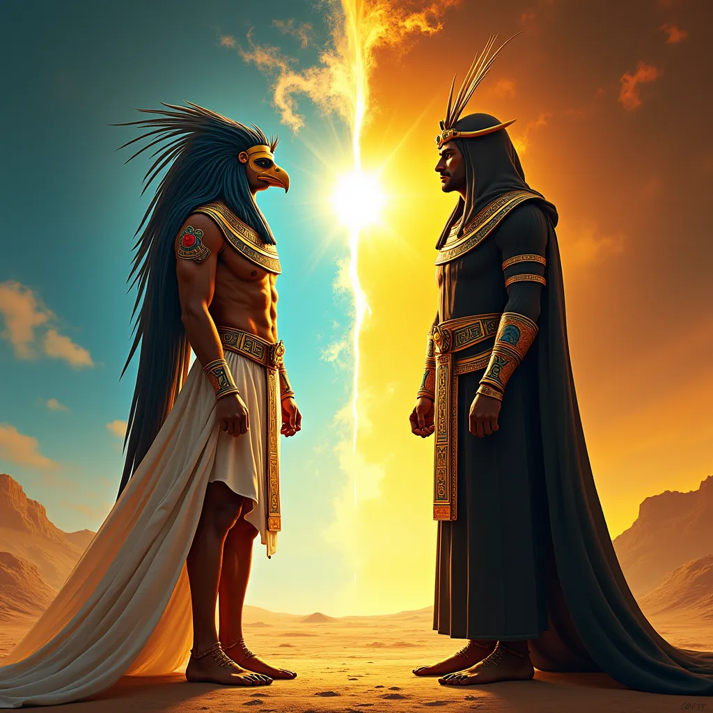 A man dressed as Horus on a blue background, and a man dressed as Seth against a yellow background facing each other face to face.  At the top , in fire letters, It reads "The Falcon and the Shadow" 