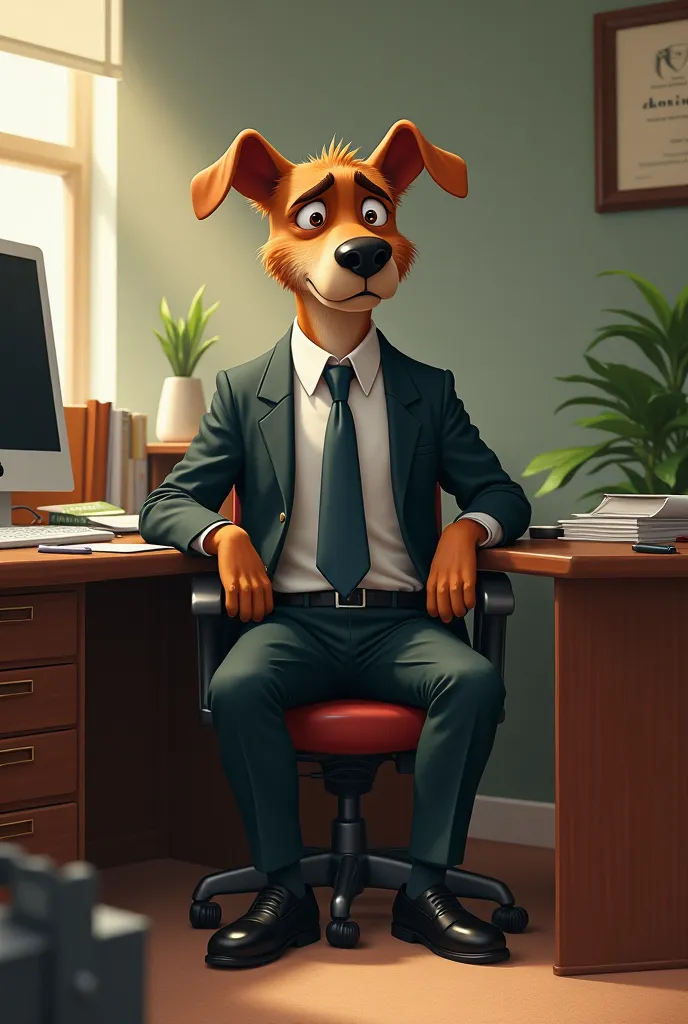 (disney style) a dog in a suit, Sad at your desk in the office where you work