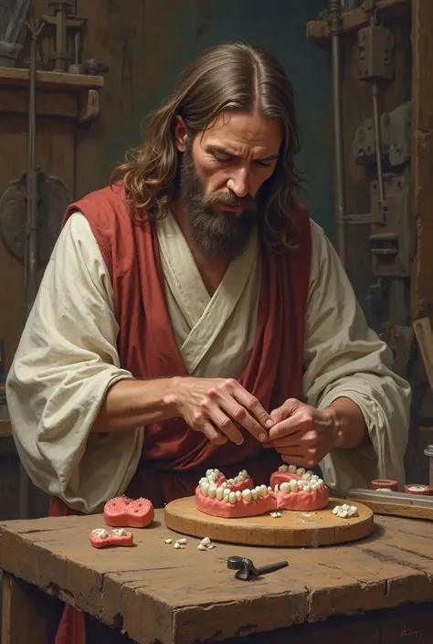 Create a drawing of Jesus making a denture 