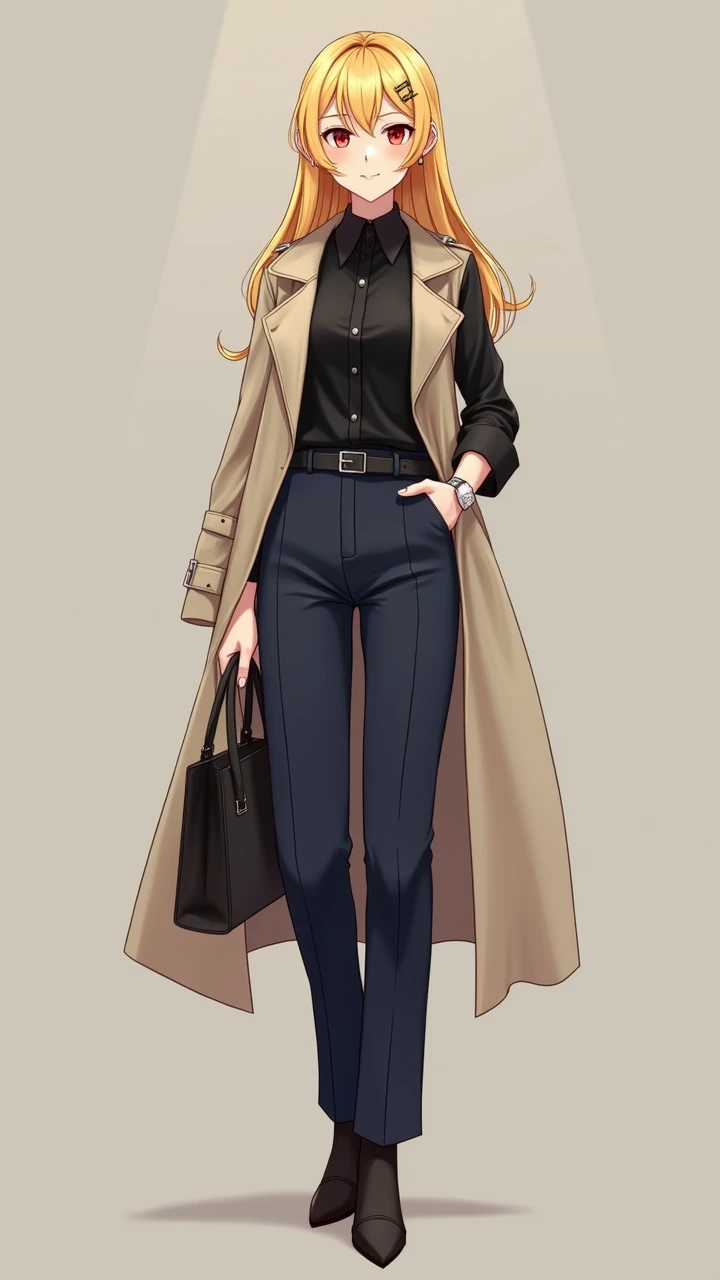 Anime style
Woman
Adult
32 years old
Yellow hair
Red eyes
Black silk fitted blouse: Elegant and practical, with minimalist details that give it a distinctive touch without being too distracting.
Navy blue fitted pants: These combine professionalism and com...