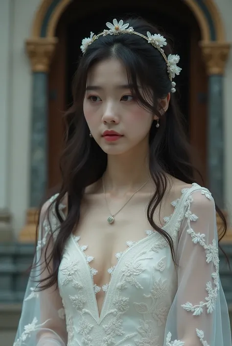 Realistic images、   Korean beauty   , Highly realistic 8k photo,asian korean girl,  long hair with bangs , Wearing wedding dress cleavage, behind church, close up, sad face, look viewers