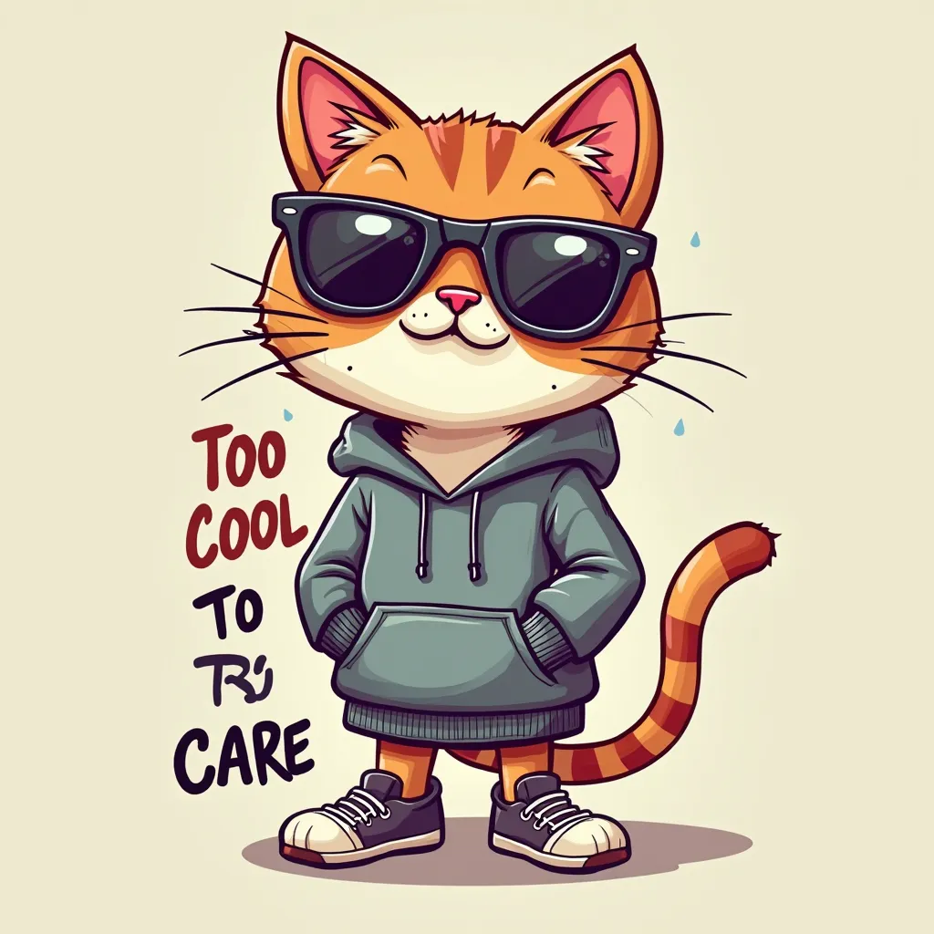 A cute cartoon cat wearing sunglasses and a hoodie, with the words ‘Too Cool to Care’ in a fun bubble font.