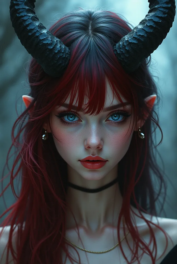 Create a girl with dark blue eyes with long black horns with long black horns with dark red bangs with long hair in artbreeder style