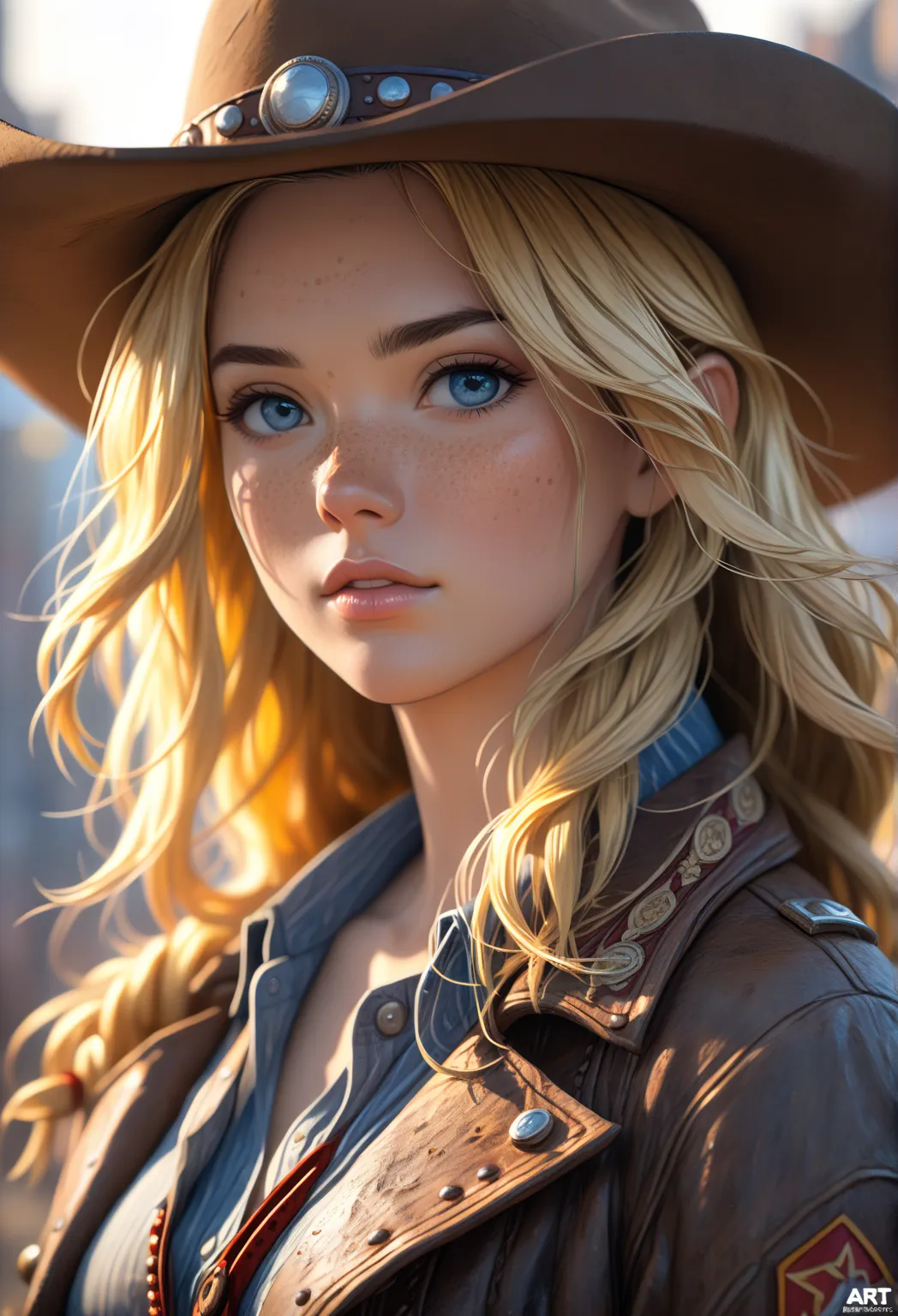 score_9, score_8_up, score_7_up. Epic realistic, RAW, analog, A full body picture of stunning american woman, blonde hair, Blue eyes, freckles, American cowgirl facial features, cowboy clothes, dirty long coat, natural look, no make up, masterpiece that ca...