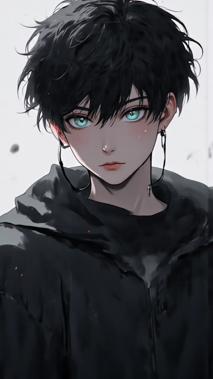  male， 18 years old，cartoon風格, cartoon, Shut up, high resolution, short hair, Bangs, simple background,  Dark Hair, blue eyes, hood, detail, 高detail, quality, high quality, is very detailed, precise, 眼間Bangs, Aho, Messy hairstyle,  to accentuate a heady ha...