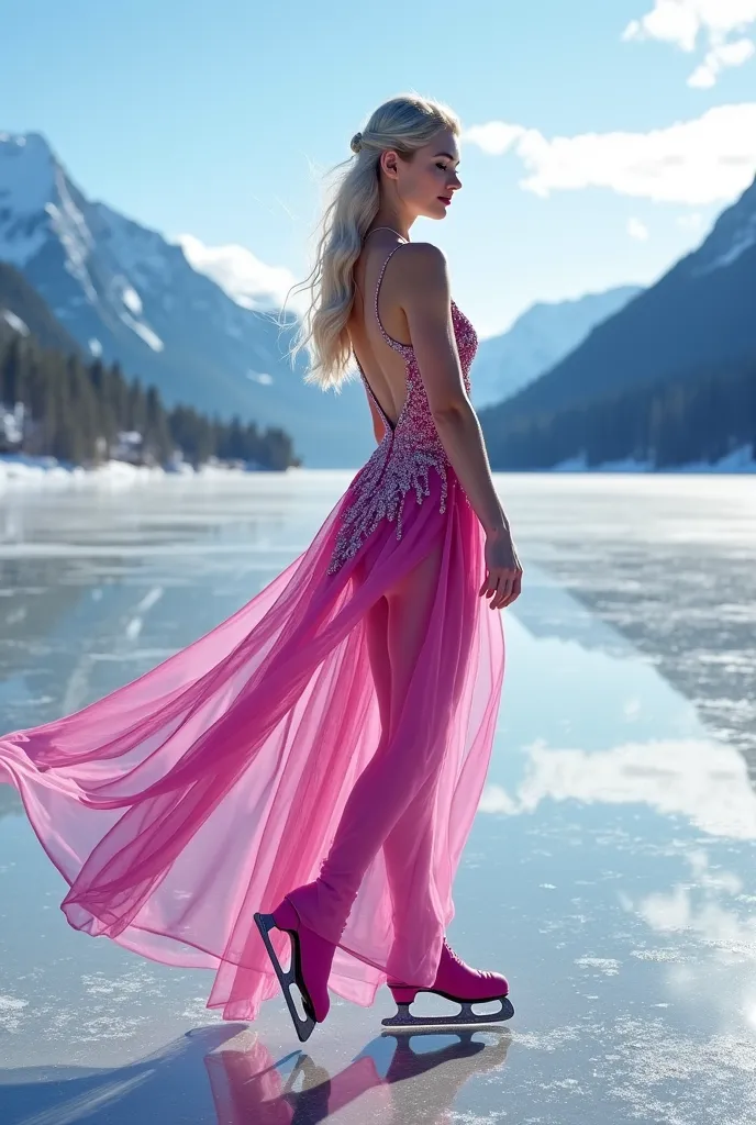 Ultra-realistic, photo-realistic, a Swedish ice queen, fuchsia figure skater dress, suntan pantyhose, fuchsia high heel ice skates, standing on a frozen lake 