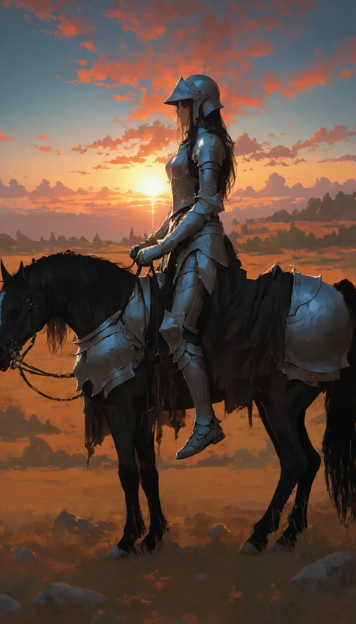 heavy armor,clear sky,Game of luses,sunset,artistic contrast,black horse