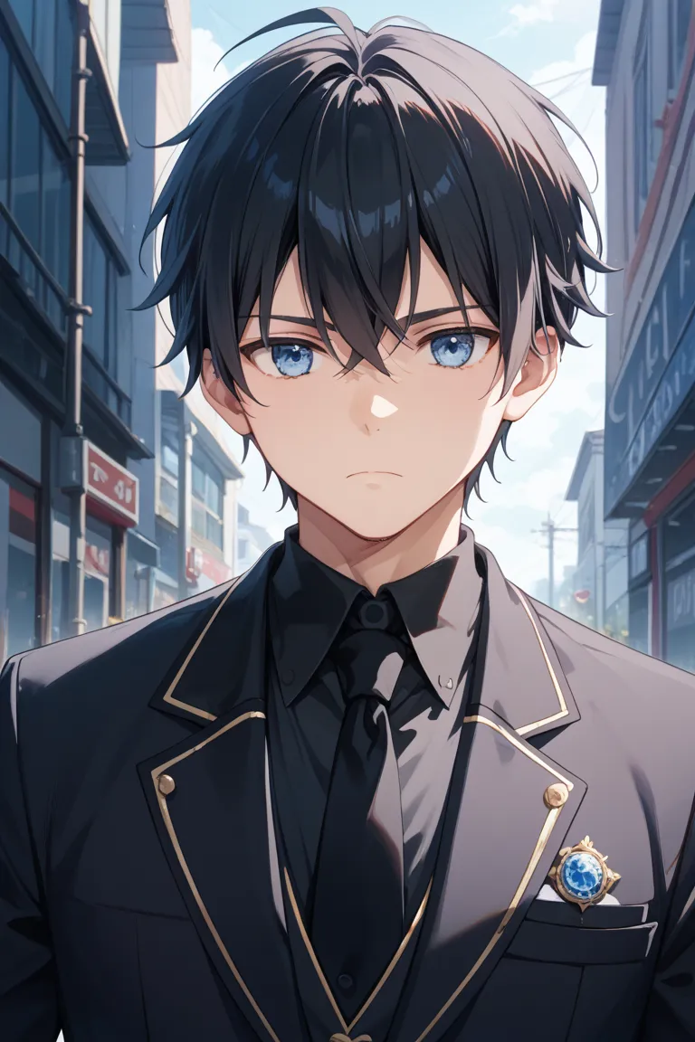  black hair、Long centre part、Cold Stare、expressionless、Longer bangs、black suit、 black shirt、black tie、is wearing black gloves、Blue Eyes、Late 20s、 cool impression、adult male、adult maleらしい角張った顔つき。dark underground parking background。