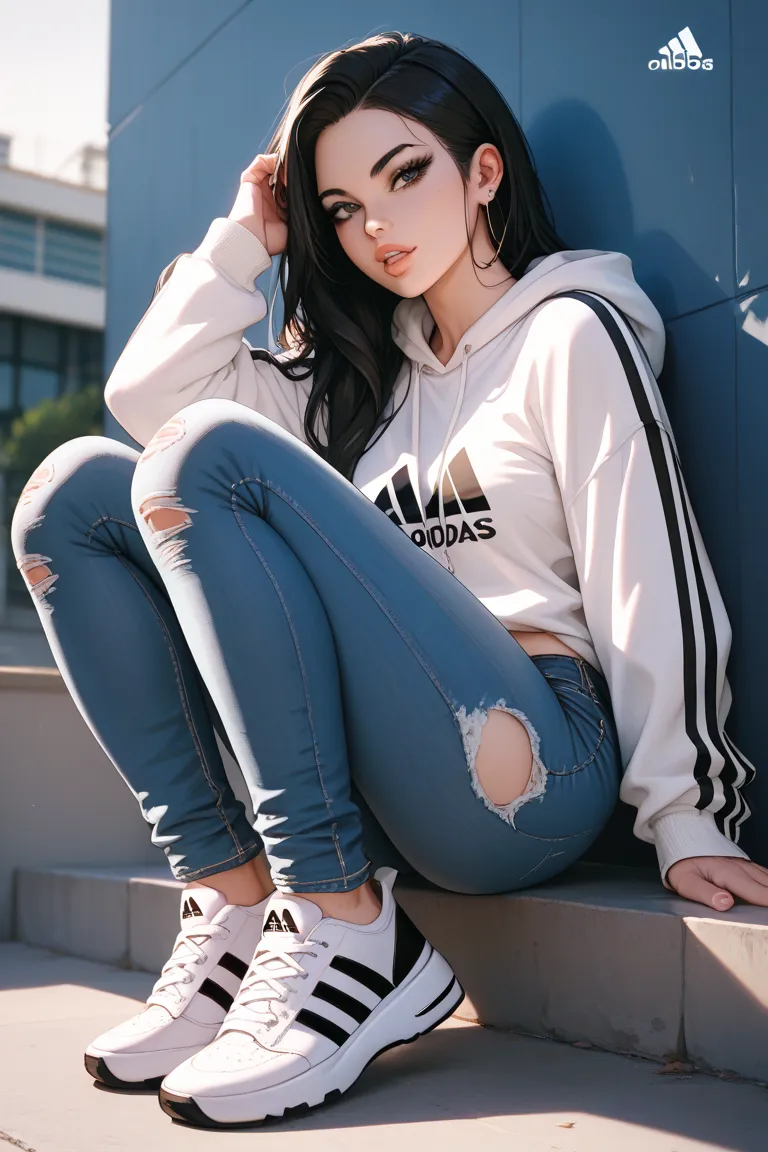 Colored girl with long black hair ironed with black lenses and provocative lips wearing a white t-shirt with a seated hoodie and ripped denim jeans all seductive with white Adidas sneakers