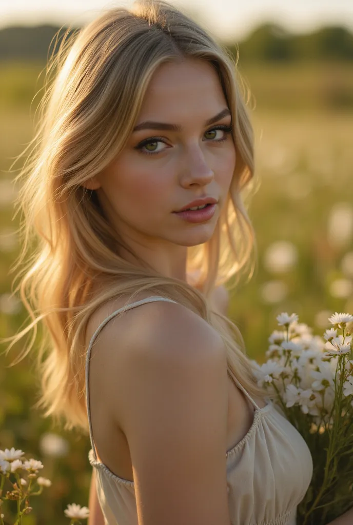 Closeup,Youthful maddison beer,walking through field of flowers, holding flowers in arms,misty sunset,simple  summer dress,Sunny gardens, apple blossom,Catwalk model, skinny,Hailee steinfeld,bright catwalk,Natalie dormer, Ethereal,Portrait,Closeup, portrai...