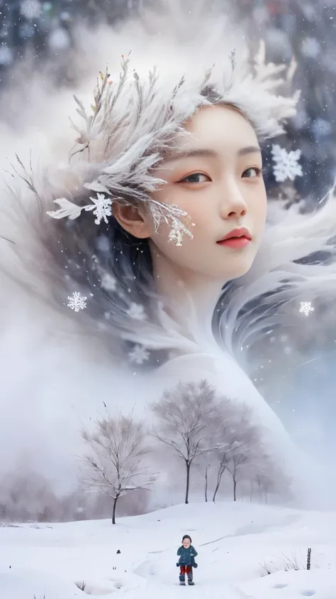 The face of the little Chinese princess, Who is , appear in the air，Winter Landscape，Surreal wonderland，dreamy Yunxia Fairy Island ，(Big snowflake   :1.3)，五颜六色的Big snowflake   飞舞着， The tree of life is full of life ，Dark clouds，