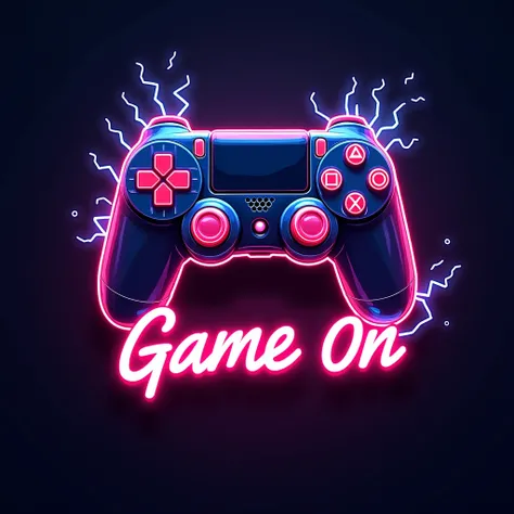 A neon-style sticker of a gaming controller with electric sparks and a ‘Game On’ slogan