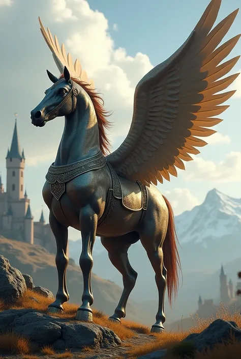 Make a mythological centaur with huge wings, make him clothed in medieval armor, Play in a medieval setting 

