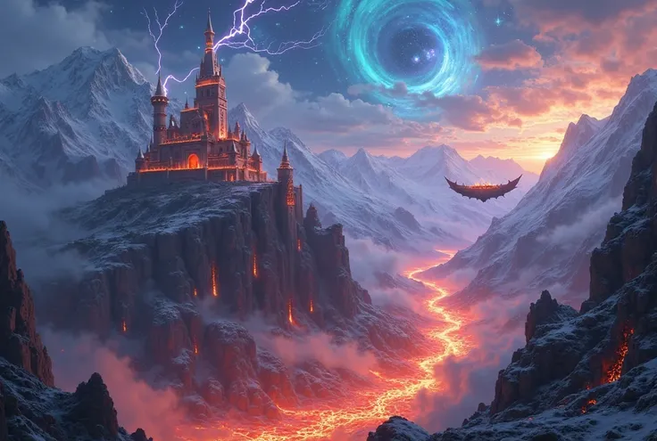 A majestic, otherworldly landscape bathed in the glow of a cosmic storm. Towering, snow-capped mountains rise against a sky swirling with electric-blue auroras and distant galaxies. A vast, ancient castle with glowing runes stands atop a cliff, overlooking...