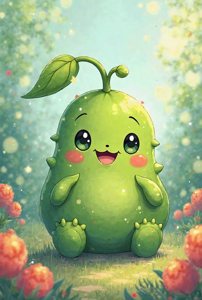 Create an image of a green poisonous herb, In anime style and cute cartoon