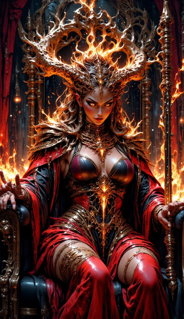 **"A powerful and seductive succubus villain in a fantasy RPG setting. She wears an outfit woven from living fire and enchanted embers, barely-there flames wrapping around her curves like a teasing, shifting veil. The molten-red and golden strands flicker ...