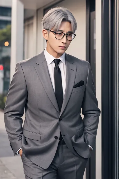  male、Gray Hair、glasses、suit、black tie、Has broad shoulders