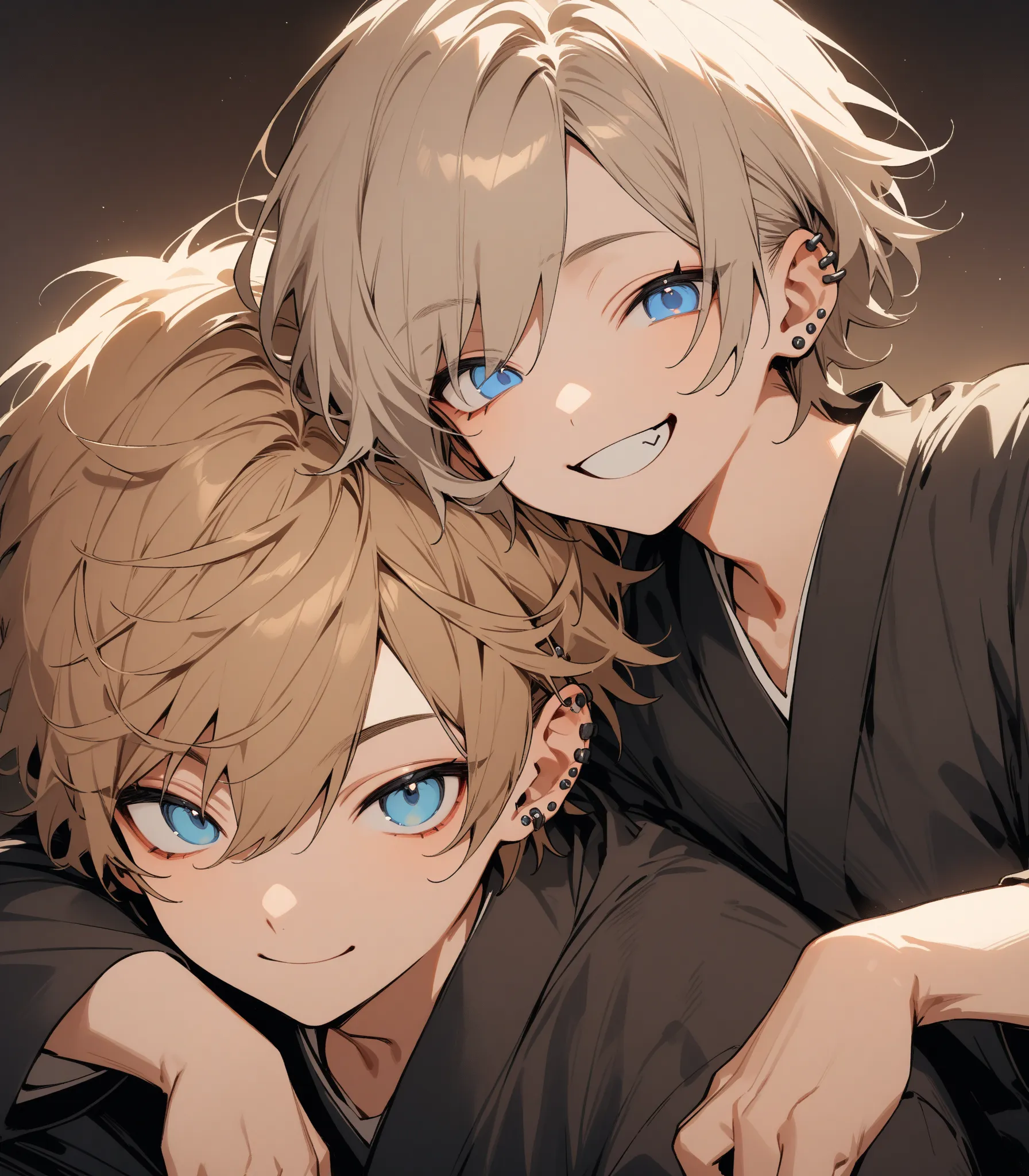   single, One neutral boy, Short Hair, hair covers my left eye, Light brown hair, blue eyes, black kimono, Multiple Piercings,smiles,Cat imitation,(Top Quality,masterpiece)