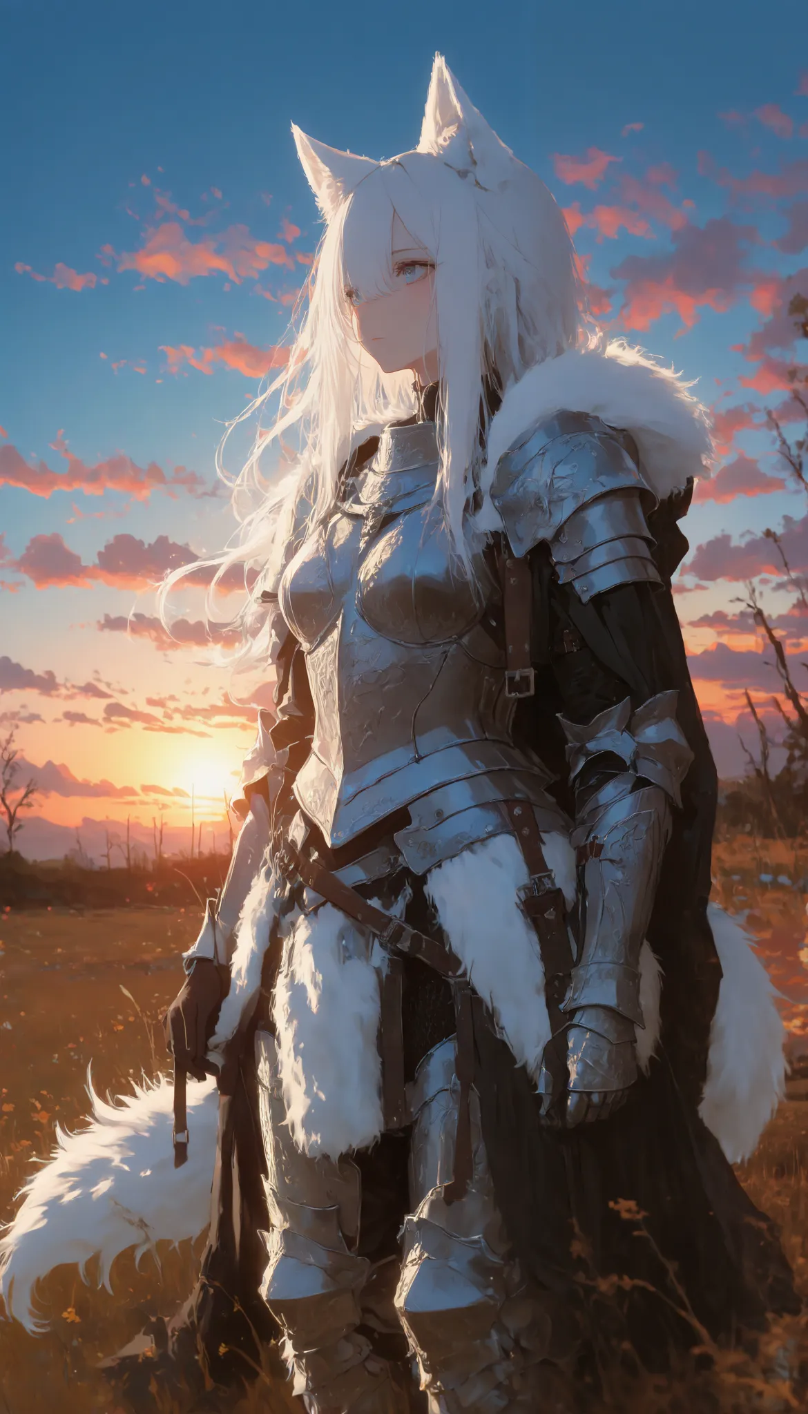 heavy armor,clear sky,Game of luses,sunset,artistic contrast.white wolf.masterpiece,the best quality,newest,absurdres,highres