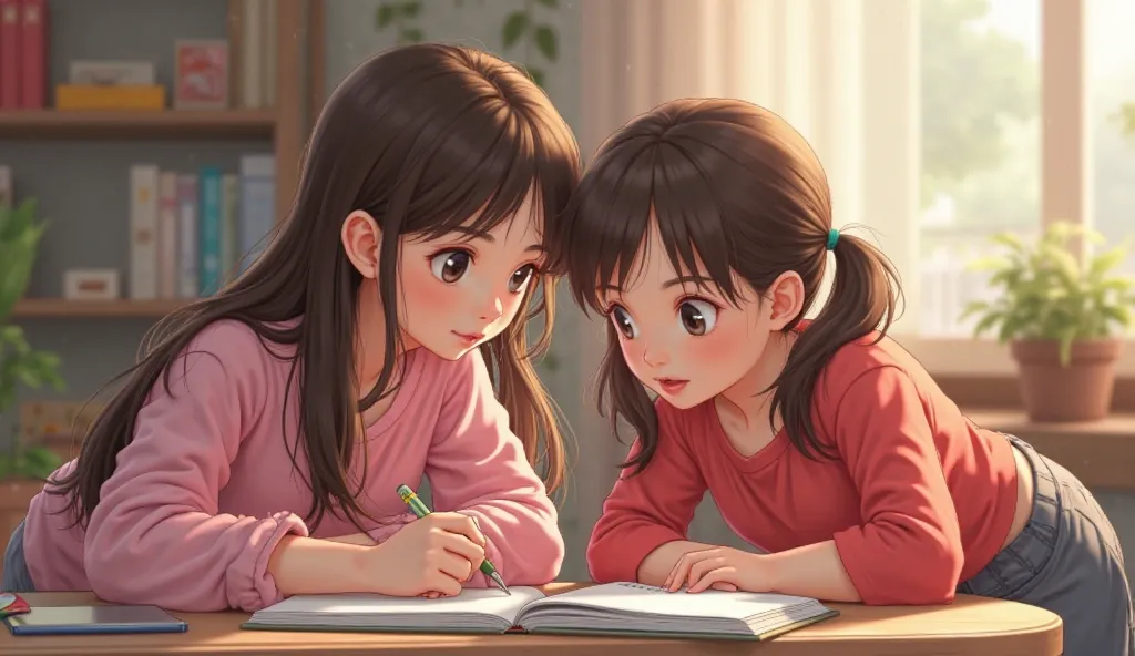 Draw me 2 s studying, the older one is  with long hair and wearing pink clothes, the younger sister is er with hair tied in two pigtails wearing gray pants and a red shirt.