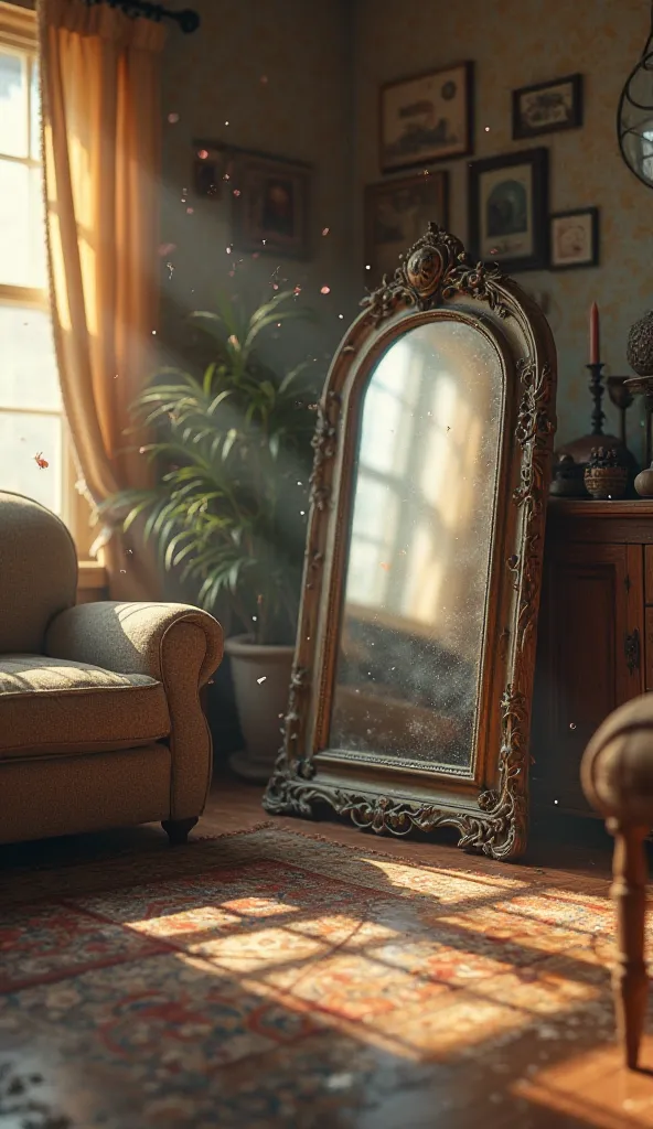 Image of a mirror with dust in the living room of a house 