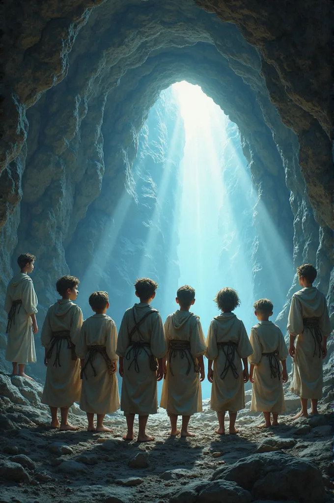 Image description to evaluate:
. A cinematic design that combines the basic elements of the story:

The seven boys in their old clothes, standing at the entrance to the cave.
The just king slept in the background with his soldier.
A heavenly light emanates...