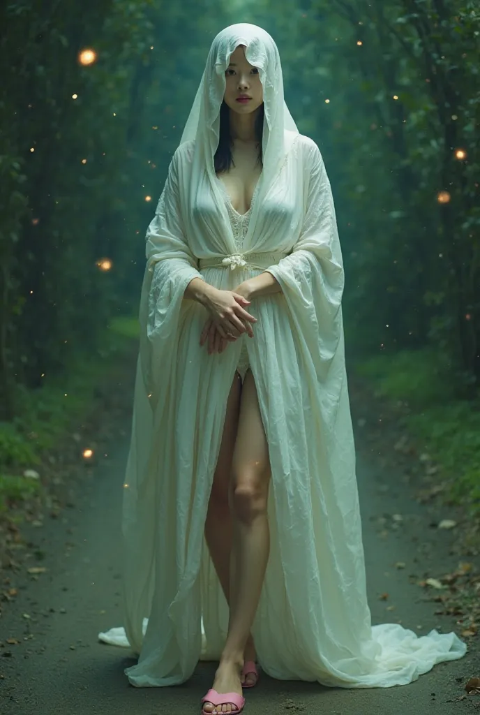 a beautiful korean woman wearing a white transparent shroud tied with a pocong on her head, a slim body, big breasts,big boobs,big ass, big tits, with a white shabby cloth, standing in a green environment that looks like the middle of a dark highway. Her b...