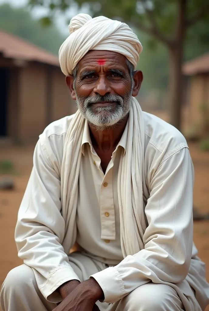 No beard, Indian 50 year old village man. Clean shave. Wears Dhotar and white kurta. White topi on head. Sitting. Village background 