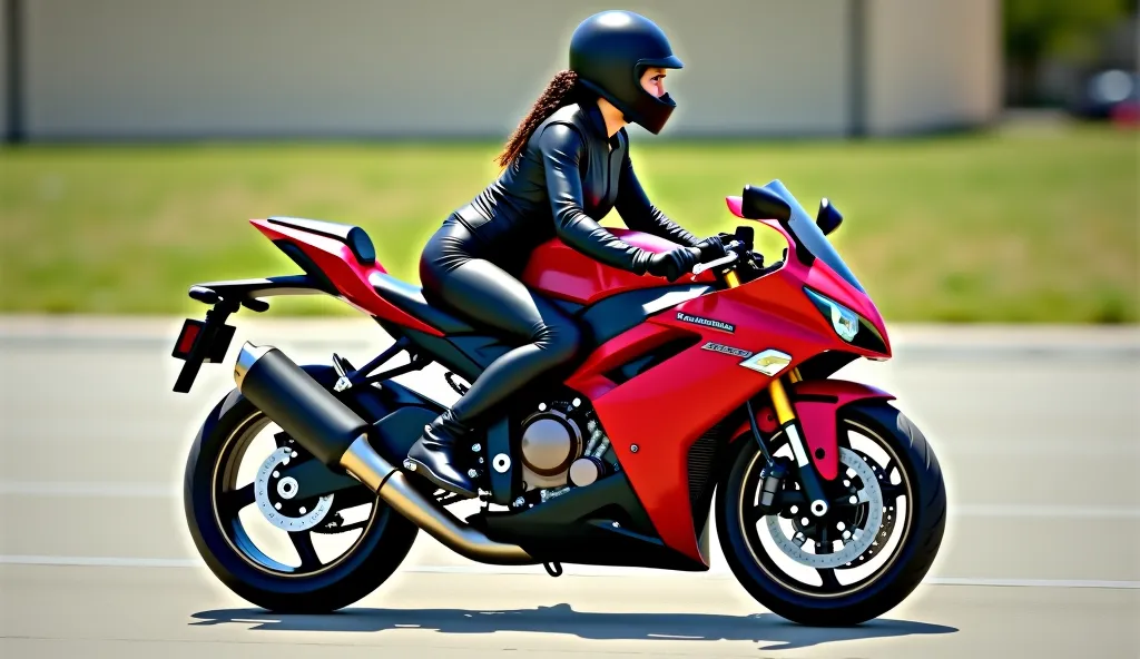 ((SFW, Photorealistic, cinematic, 4K HD, Depth-Of-Field, Full body view, Draw-To-Scale everything accurately)) A woman wearing a black leather motorcycle jacket and black leggings, riding a sleek red Kawasaki sportbike.  The bike is a modern, aggressive de...