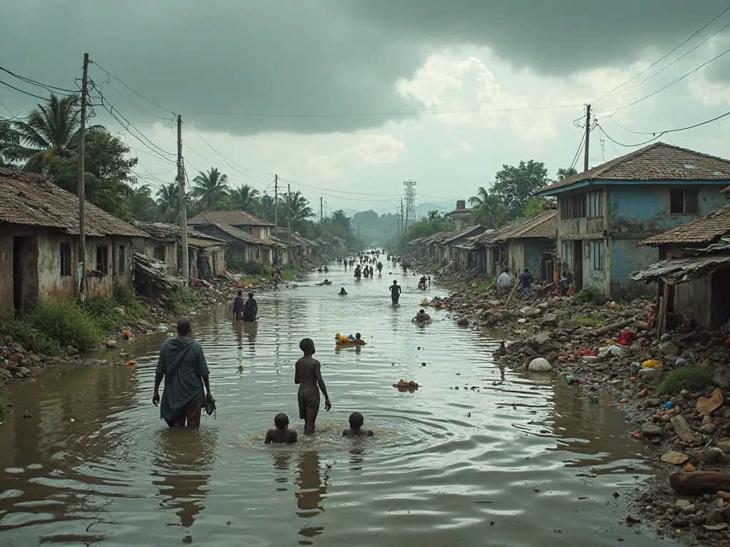 An image depicting the theme of natural disasters with the text 'Natural Disasters—When Will They End?' integrated into the scene. The image should show the aftermath of a massive flood in Nigeria, with entire neighborhoods submerged in water. Include sad,...