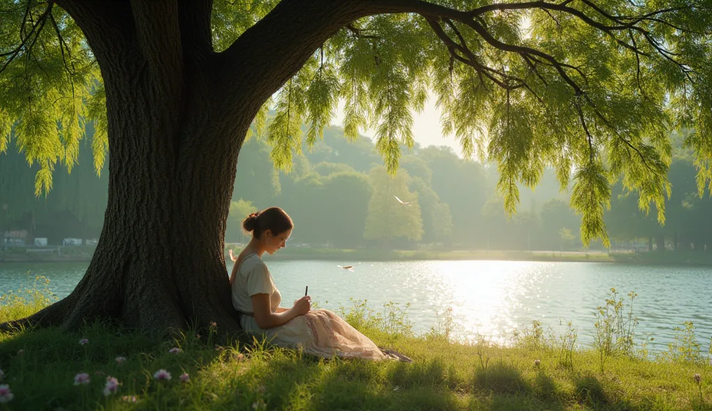 A beautiful 25-year-old girl sits under a big oak tree far from the lake and writes poems, a green willow leans over the lake, the bright sun is shining , flying white birds , just like in real life 