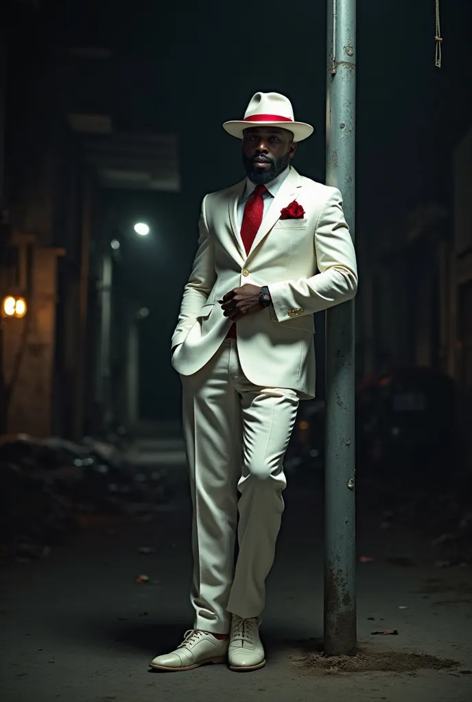 a black man,  handsome and elegant , rests with his shoulder leaning against a pole in the Rio de Janeiro favela, Under the dark night.  He wears an impeccable white suit , red tie and shimmering white shoes, exuding sophistication. His white gangster hat,...