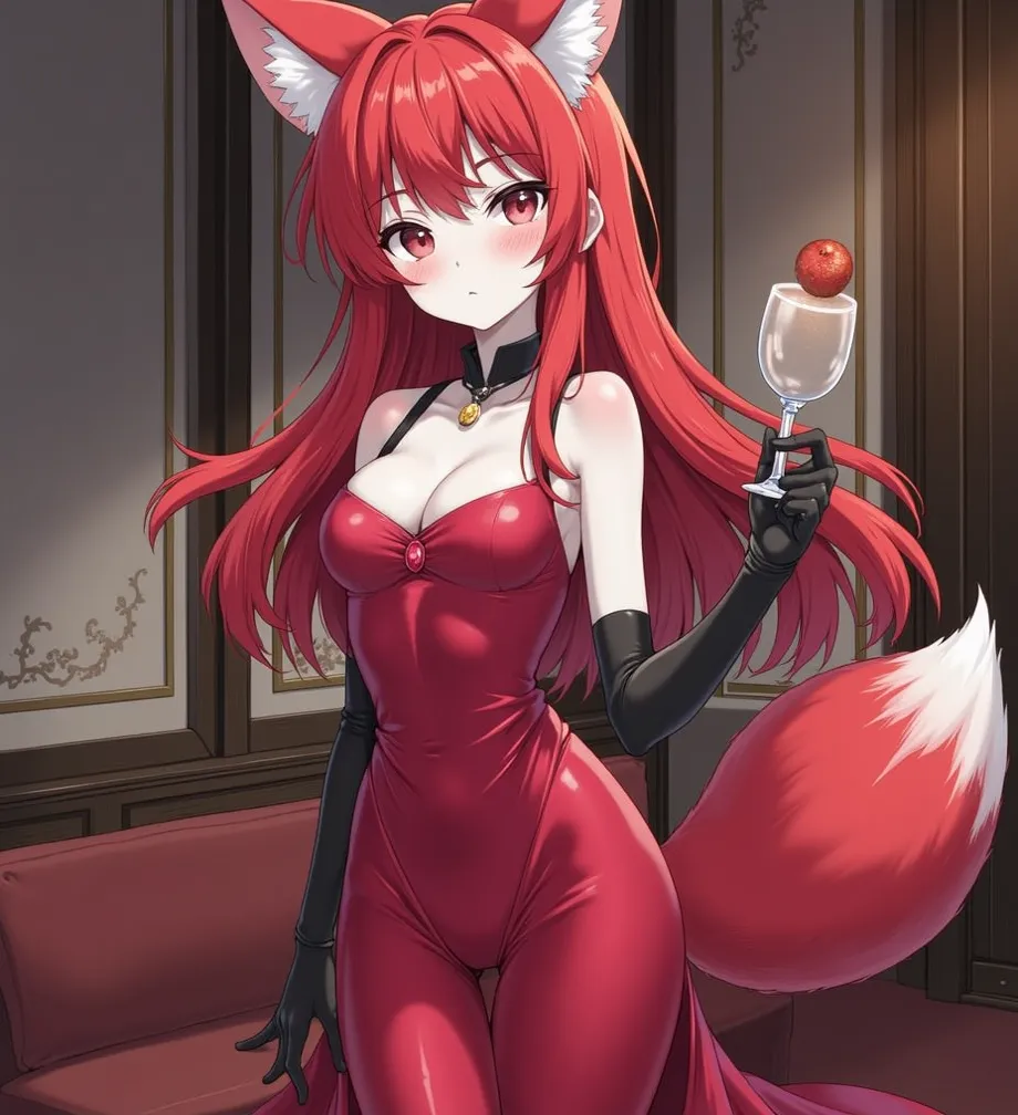 Girl, adult adult, high, dressed in an elegant red silk dress, evening dress, wearing black elbow-length gloves,  Masterpiece , red hair, long hair,  looks at viewer,  in hand a glass ,  violet eyes,  Purple eyes, purple eyes, ears of enota tanuki, tail of...