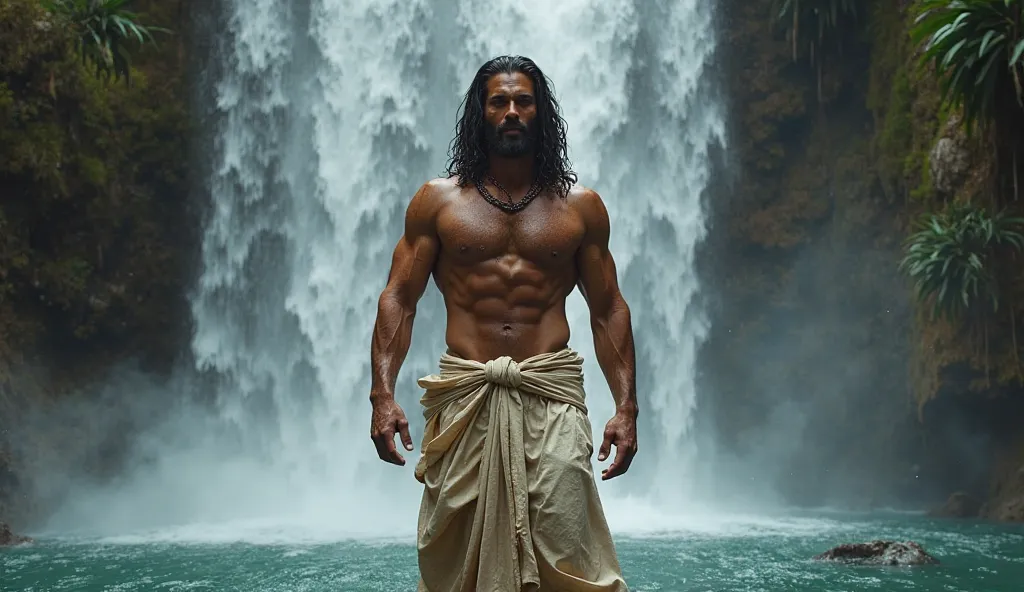 a six pack king wear only royal sarong and he has long hair and he bathing in waterfall
