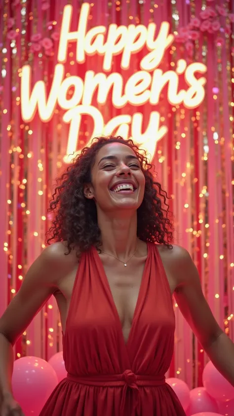 "A joyful woman laughing and celebrating Women's Day, surrounded by pink and gold decorations. The text 'Feliz día Mujer' is beautifully displayed in the center with a glowing effect."