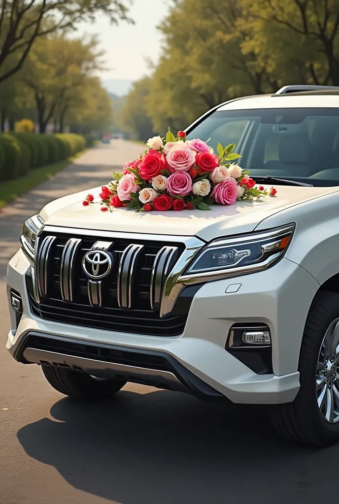 White Toyota prado 2016 restyling, With a bouquet of roses on the hood of the car, realism