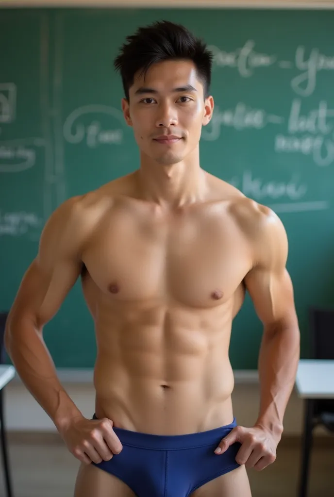 A handsome, 20-year-old Thai male student with an attractive appearance with a sharp face and a toned physique, poses in small tight blue panties in a photo in the teacher's room. This attractive photo shows his confident personality, which clearly conveys...