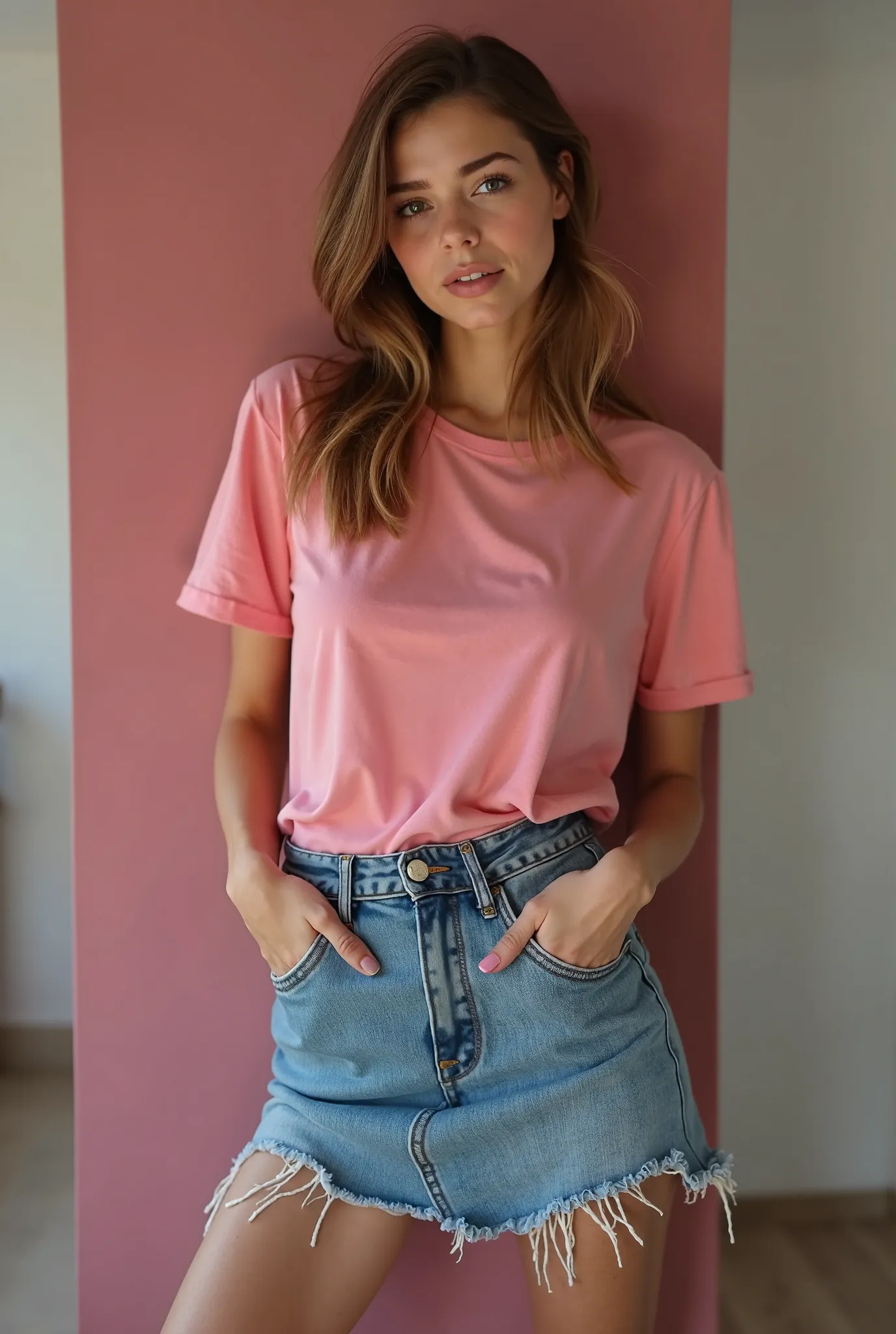 une fille métissée mignonne avec un beauté exceptionnelle ,elle tient  une pose sexy avec un t-shirt avec une unique couleur vive ,et une jupe moulante sexy ,elle a des levres de taille moyenne de couleur rose 