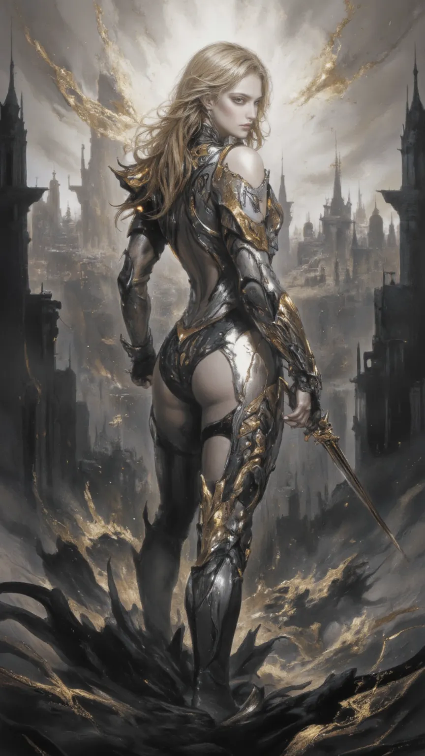 full body, Female Knight，fear ，sci-fi，future，armor，sexy，long golden hair，Wayne Reynolds draws，in a highly detailed and dynamic style, 