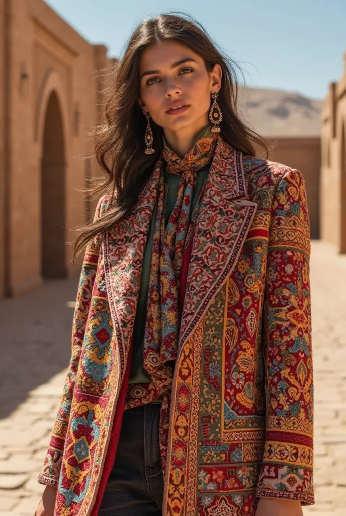 create a collection of outerwear (Women's ) ethno-style bakhmal fabric ( Uzbek fabric) 