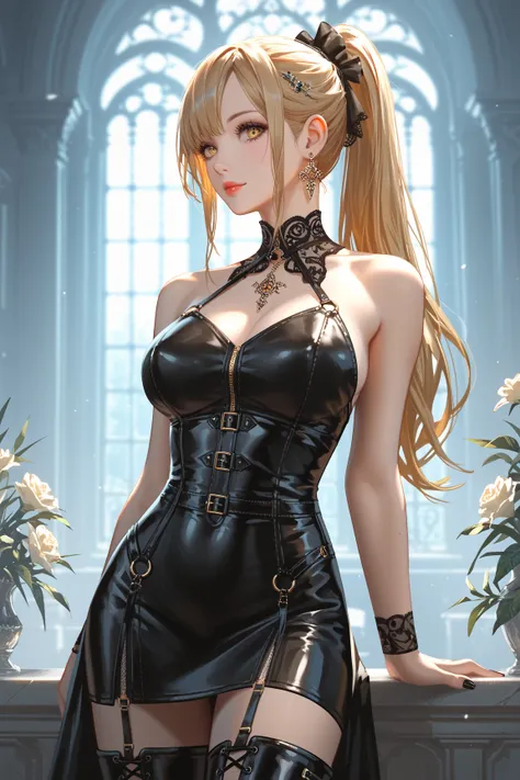 One Girl,Top Quality, textured skin, very detailed, anatomically correct, Ultra High Definition, golden hair,  industrial earrings,masterpiece, high detail, black dress, with golden eyes,  Black Leather Boots, 4K, 8k octane,  Slim, Silver Accessory,  gothi...