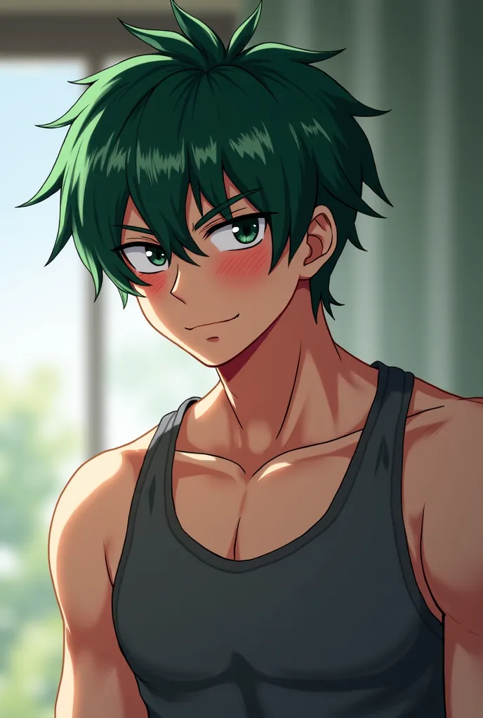 A man with toned built. Age is around 19 to 20. Green hair with  and black sharp eyes. Looks mean but is a tsundere. Flustered and blushing crazily absolutely red on the cheeks. Anime semi realism 