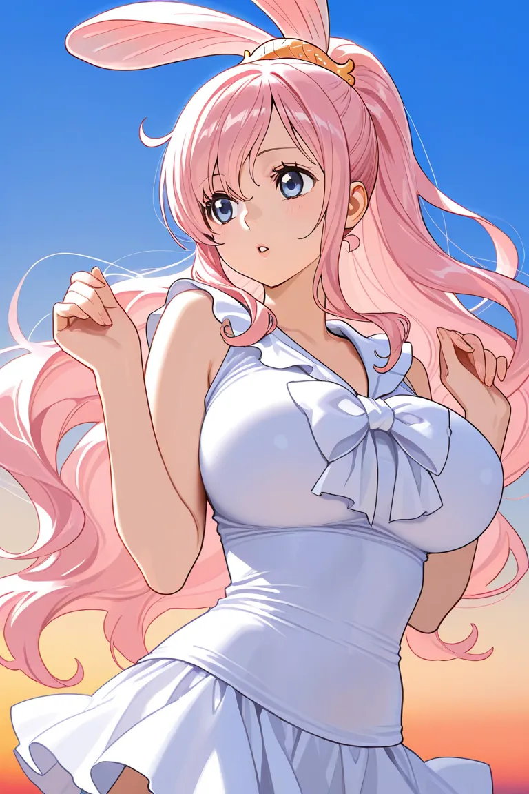 Generate a One Piece style Oc That Has Hair similar to Hirahoshi with the color of light pink hair,her eyes are purple with a red gradient and a star in the center,that she is a beautiful and voluptuous 16-year-old girl with big breasts who is wearing a wh...