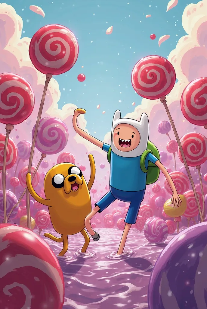 finn and jake by “adventure time” inside a sea of lollypop