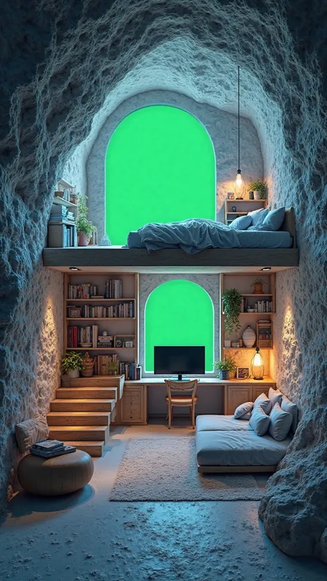 Create a stunning and peaceful double-storey room inside a cave, designed with a soothing blue and white color scheme. The lower floor features a cozy living space with a stylish library filled with books, a sleek TV setup, and a comfortable seating area. ...