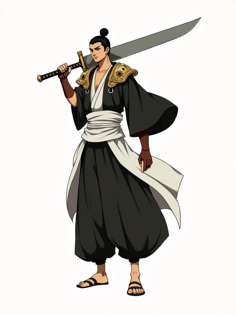 anime style, Tall and athletic man , brown skin, creepy black hair tied, Wide Face, Shihakusho preto, A gourd around the waist, brown samurai gloves and shoulder pads,A big and giant sword