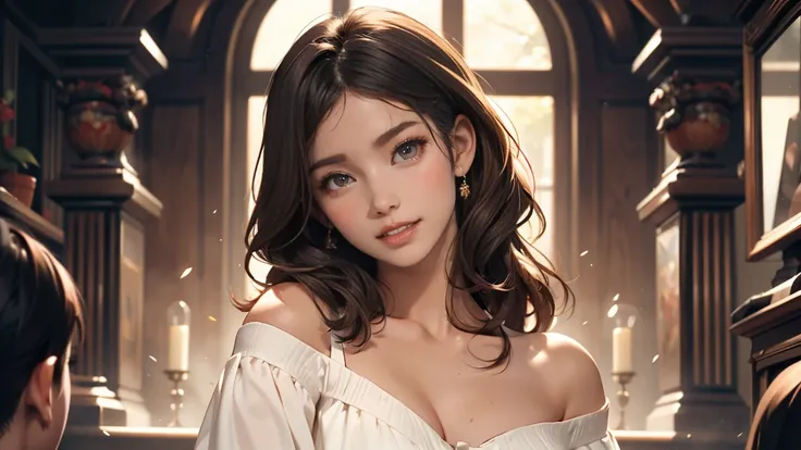 Her dark hair, Luxurious, Wavy, 優雅に私のshoulderを流れ落ちる、 gently flow around my face , Add a little charm .1 Female, (Ultra realistic, High Resolution), ( very detailed目, very detailed髪, very detailed顔,  plump lips that smile modestly), (off shoulder with open ...