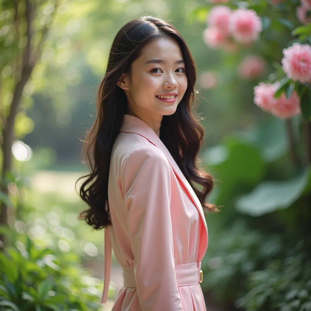 generated based on a adult girl "Elena Carter", realistic vietnam girl, fully body, in the garden, pink colour suit, shoot with Nikon camera, full hd, side view, good detail, realistic